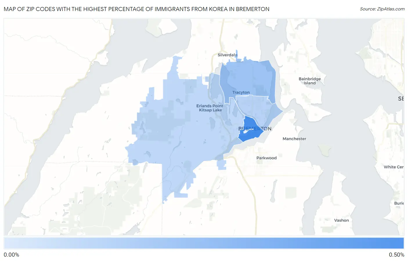 Zip Codes with the Highest Percentage of Immigrants from Korea in Bremerton Map