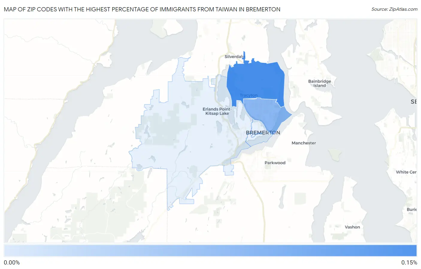 Zip Codes with the Highest Percentage of Immigrants from Taiwan in Bremerton Map