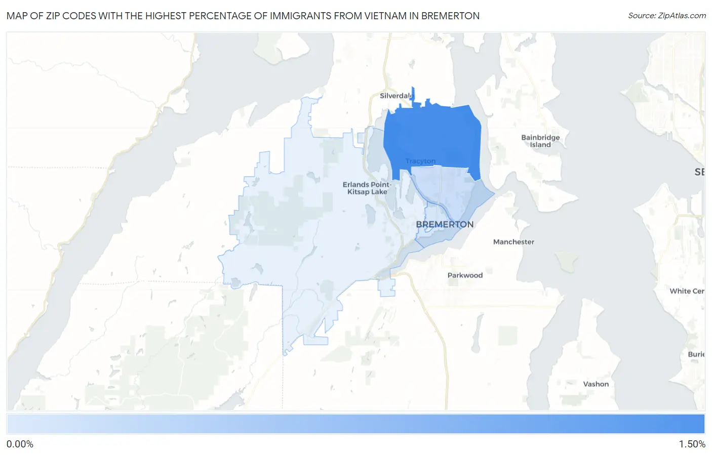 Zip Codes with the Highest Percentage of Immigrants from Vietnam in Bremerton Map