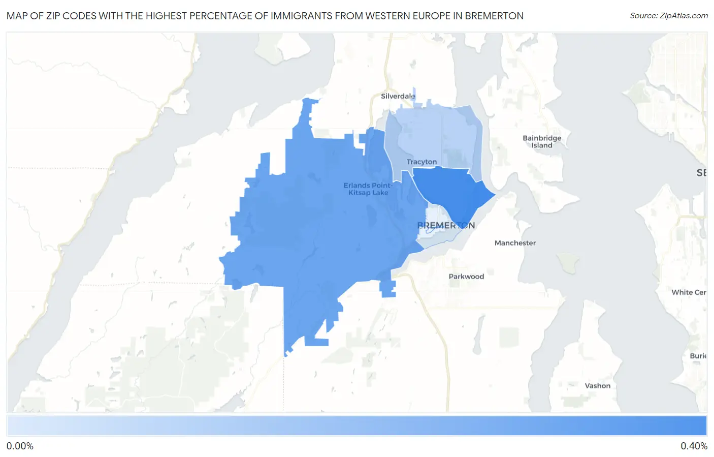 Zip Codes with the Highest Percentage of Immigrants from Western Europe in Bremerton Map