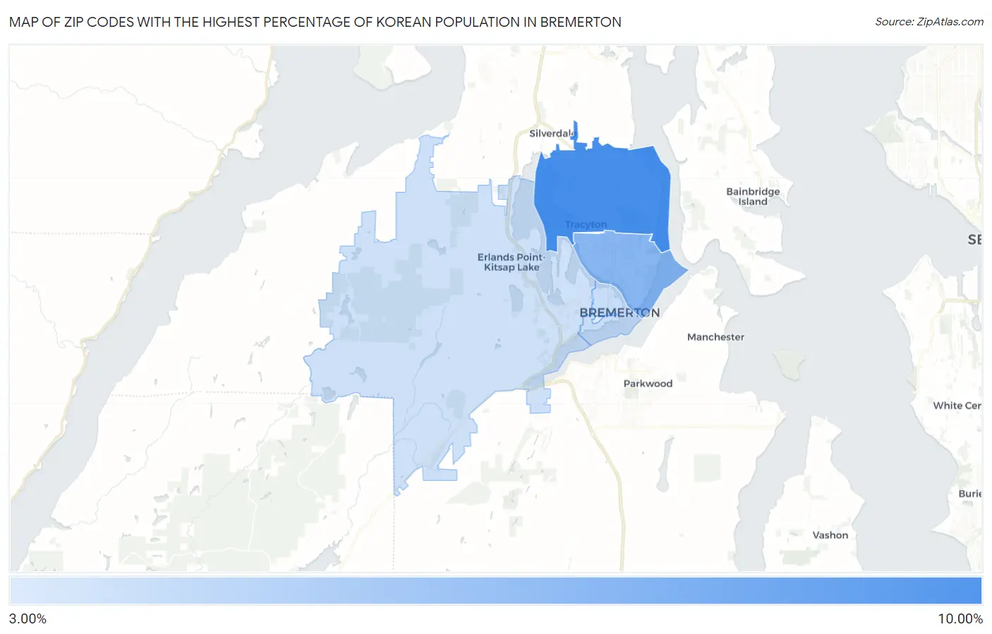 Zip Codes with the Highest Percentage of Korean Population in Bremerton Map