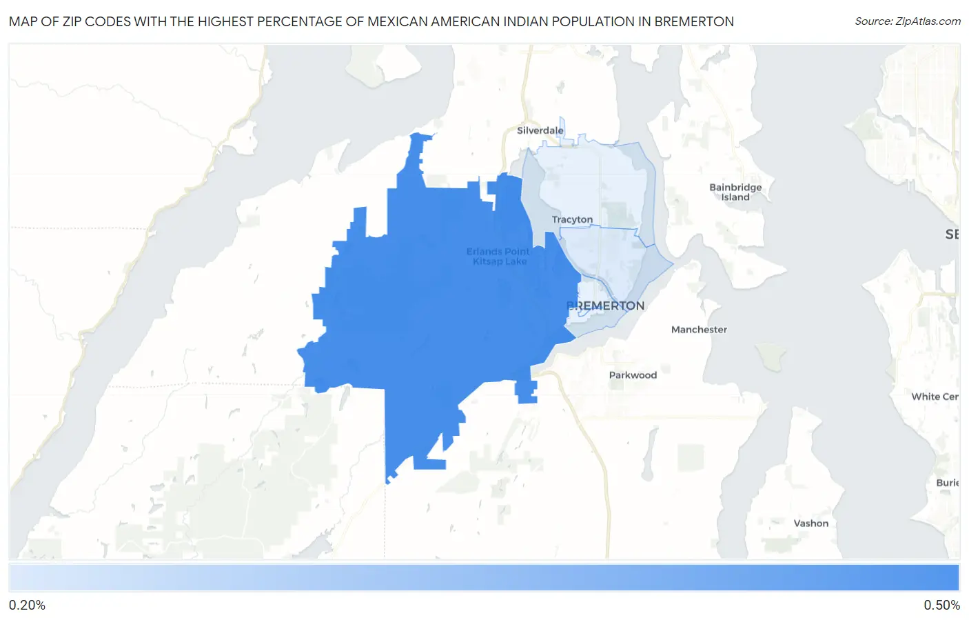 Zip Codes with the Highest Percentage of Mexican American Indian Population in Bremerton Map
