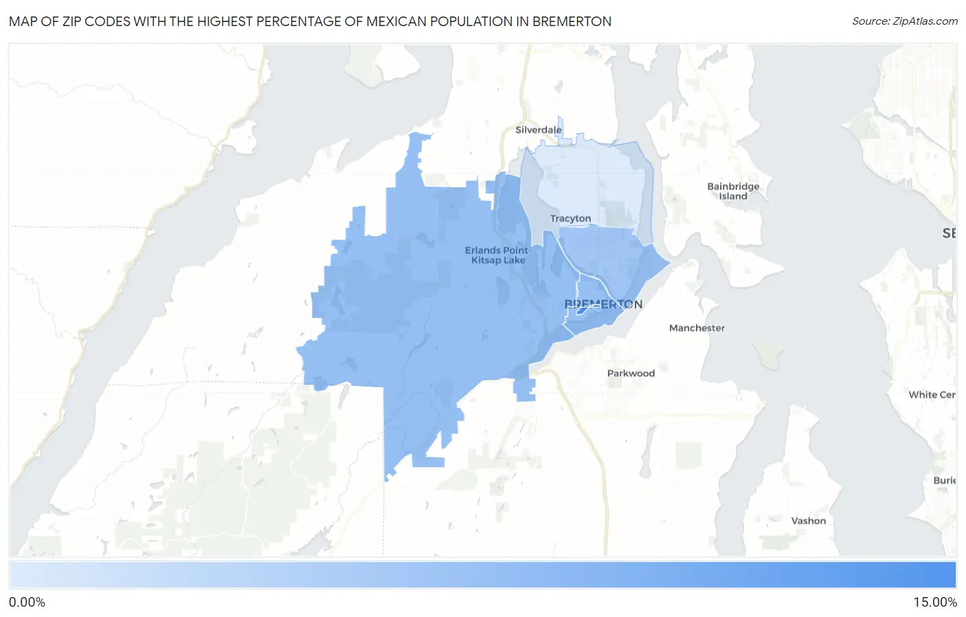 Zip Codes with the Highest Percentage of Mexican Population in Bremerton Map