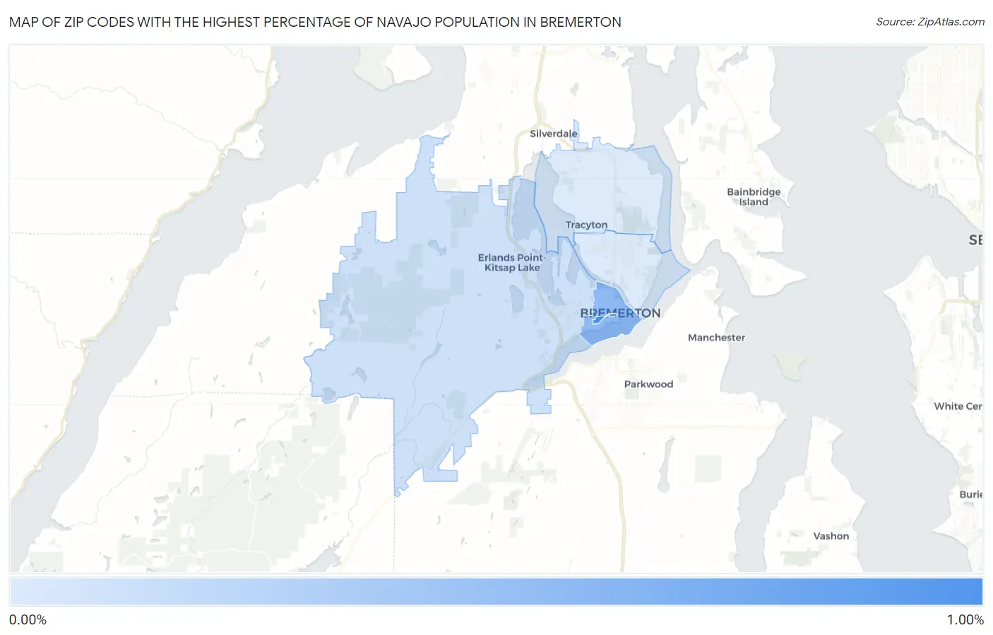 Zip Codes with the Highest Percentage of Navajo Population in Bremerton Map
