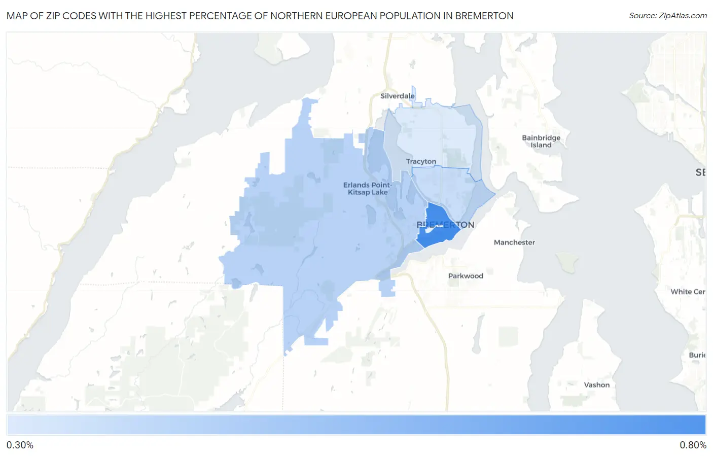 Zip Codes with the Highest Percentage of Northern European Population in Bremerton Map
