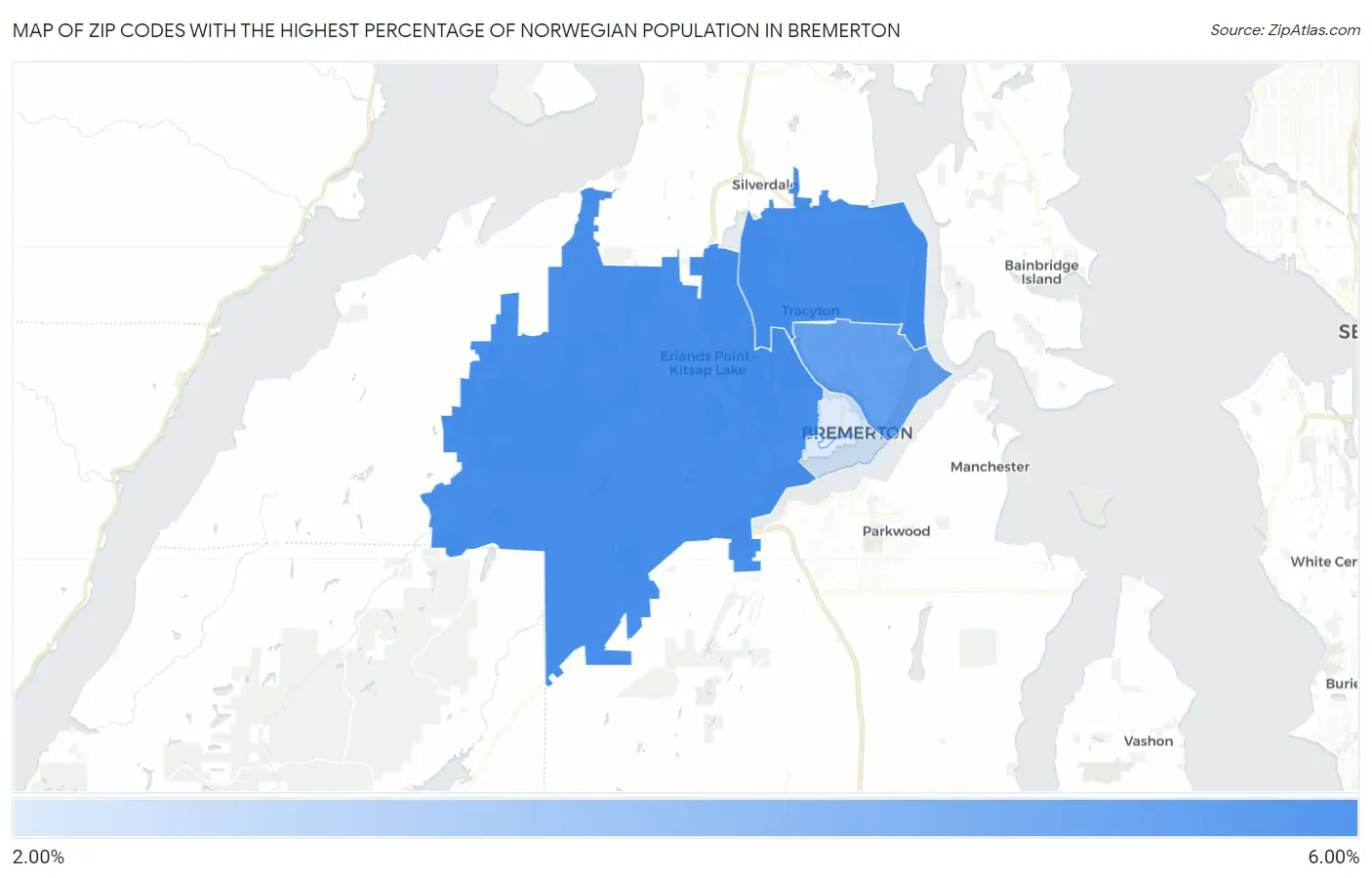 Zip Codes with the Highest Percentage of Norwegian Population in Bremerton Map