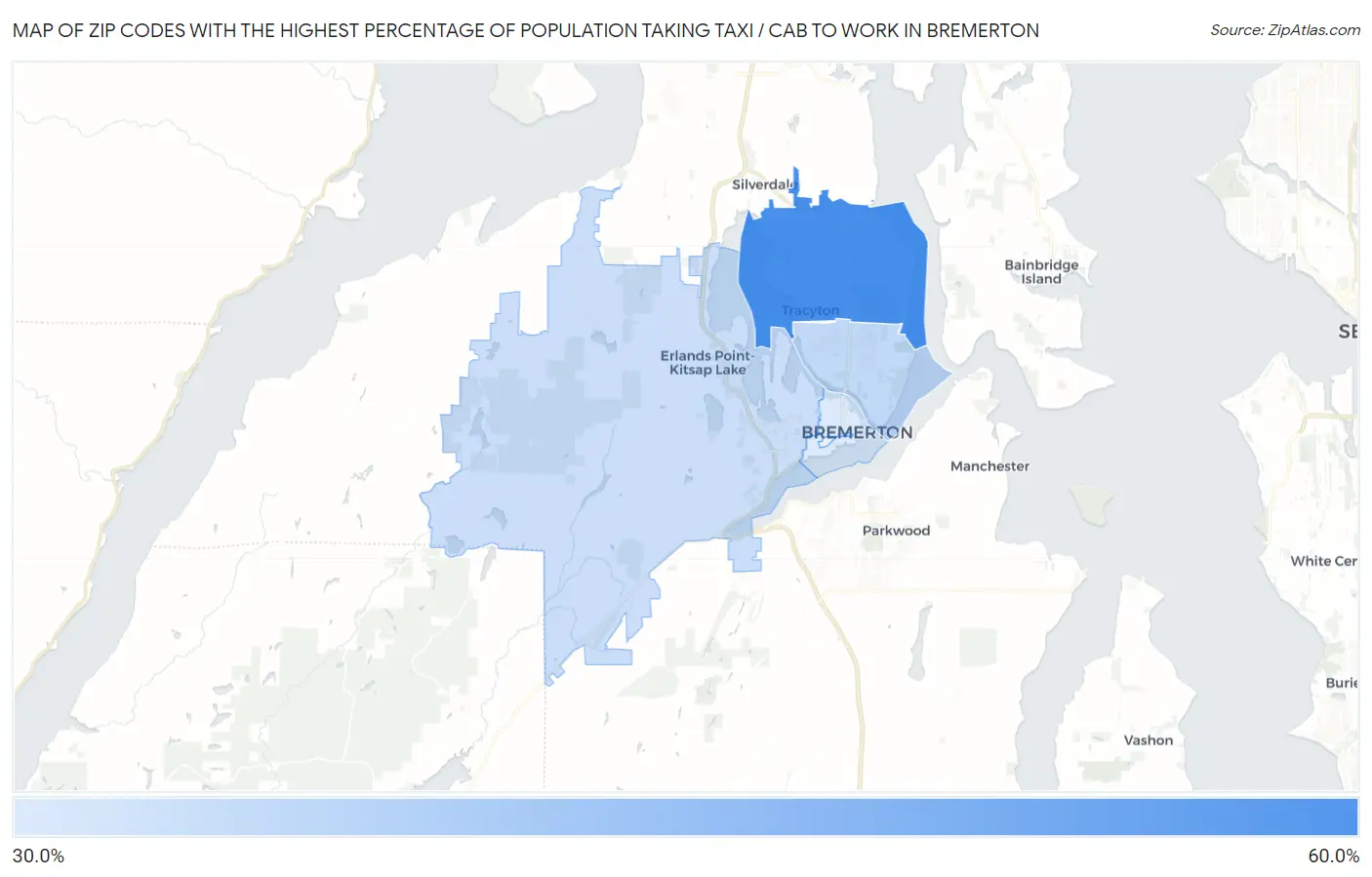 Zip Codes with the Highest Percentage of Population Taking Taxi / Cab to Work in Bremerton Map