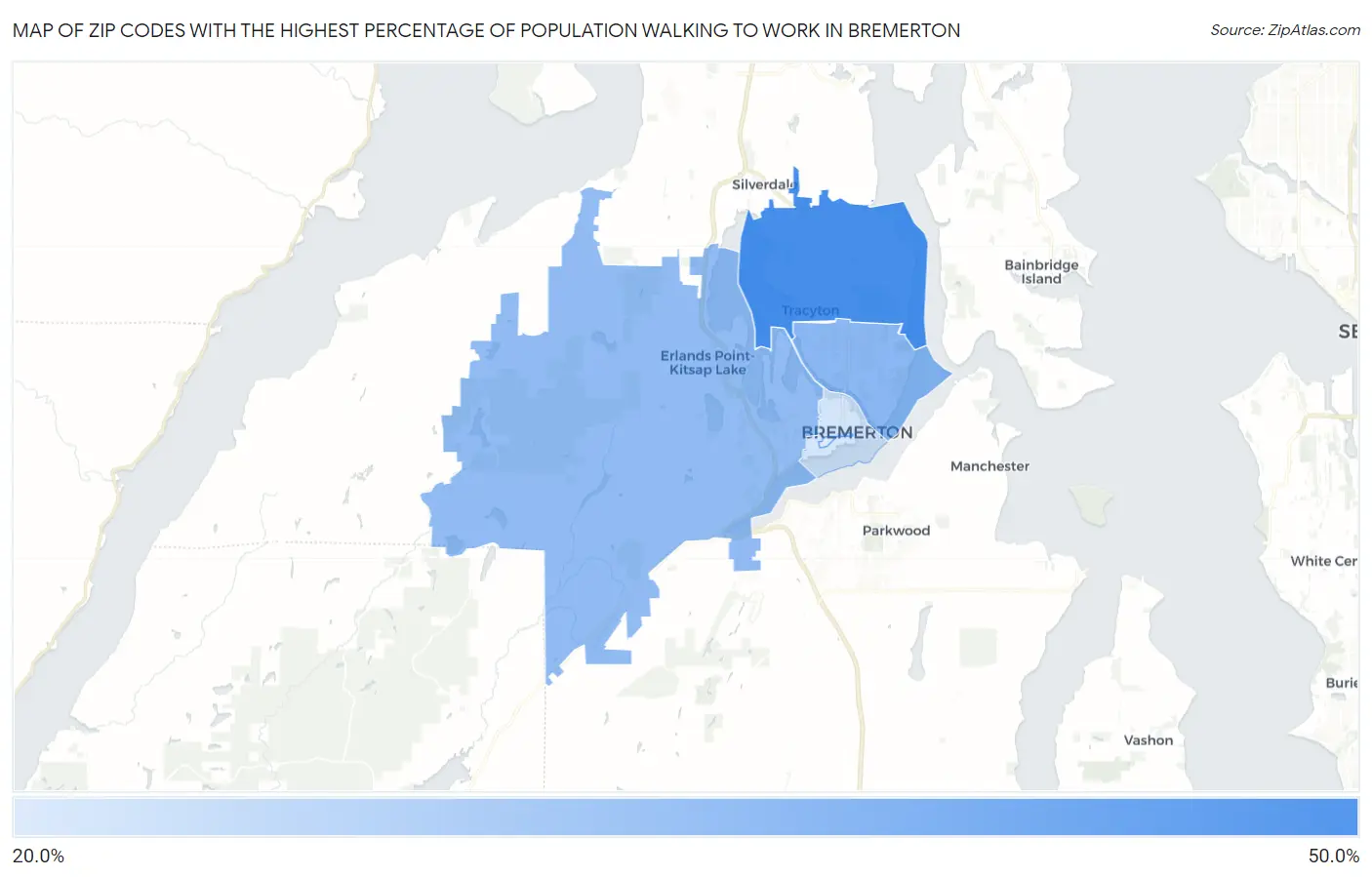 Zip Codes with the Highest Percentage of Population Walking to Work in Bremerton Map
