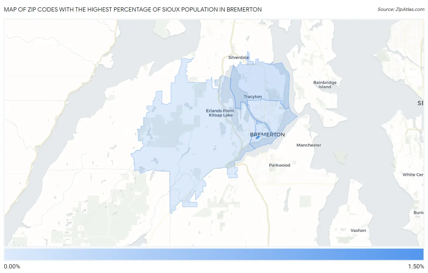 Zip Codes with the Highest Percentage of Sioux Population in Bremerton Map