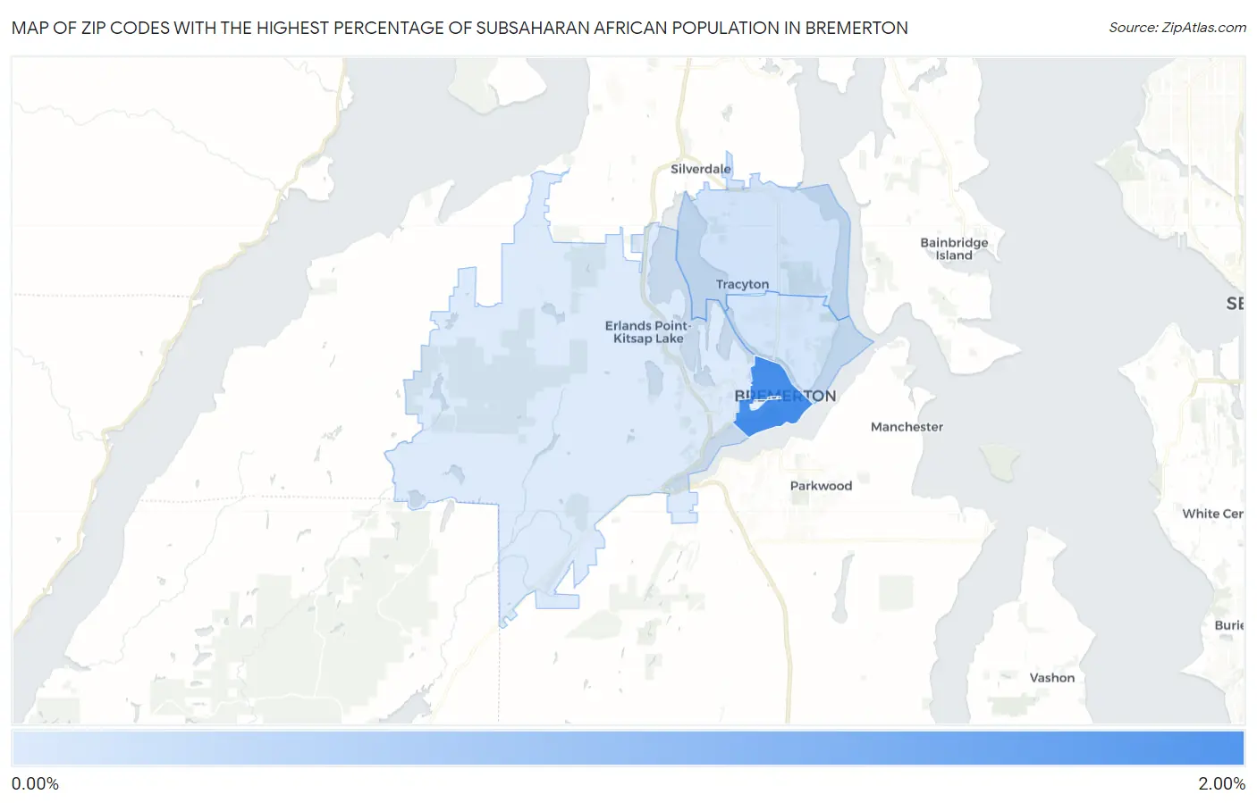 Zip Codes with the Highest Percentage of Subsaharan African Population in Bremerton Map