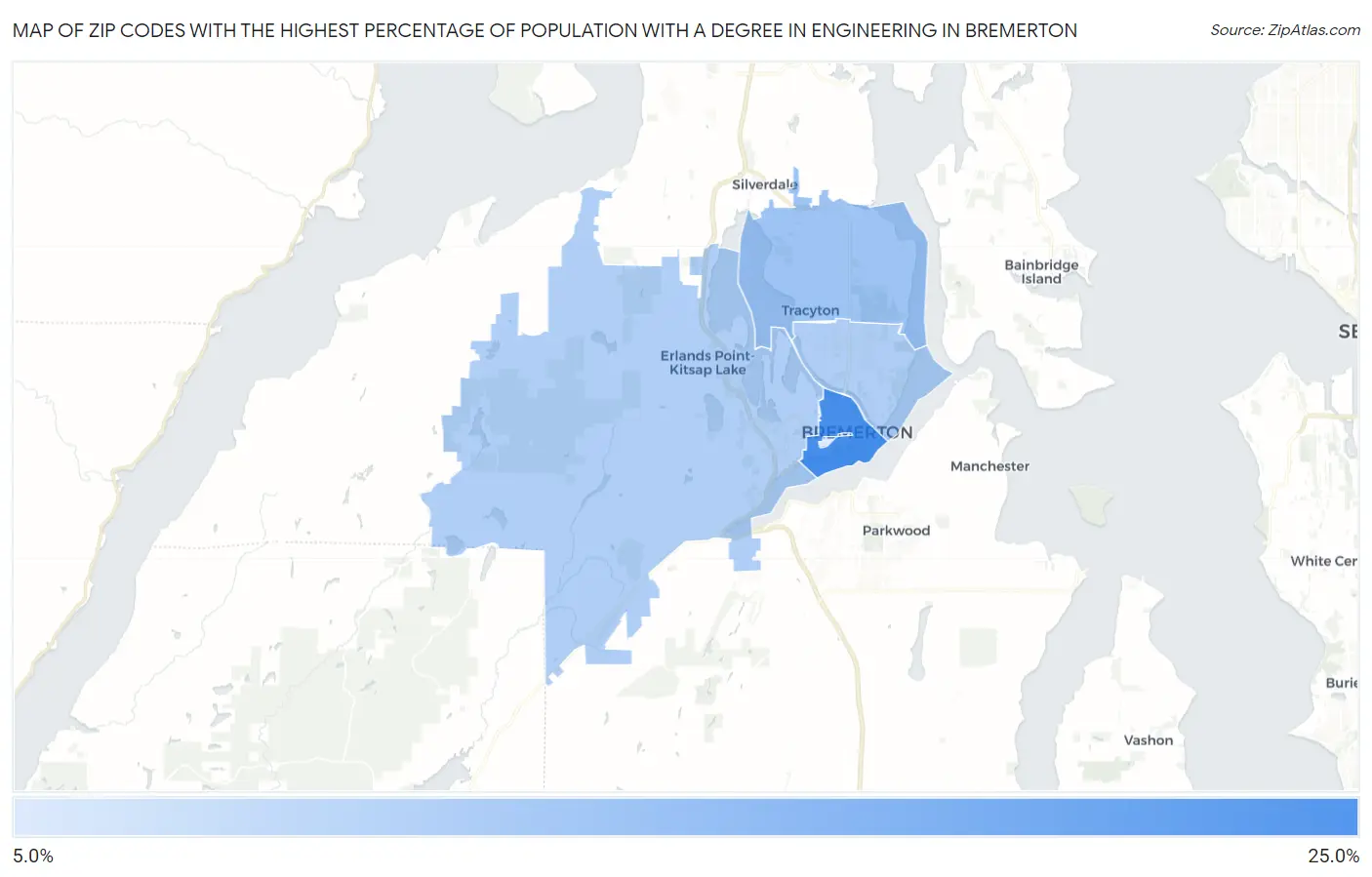 Zip Codes with the Highest Percentage of Population with a Degree in Engineering in Bremerton Map