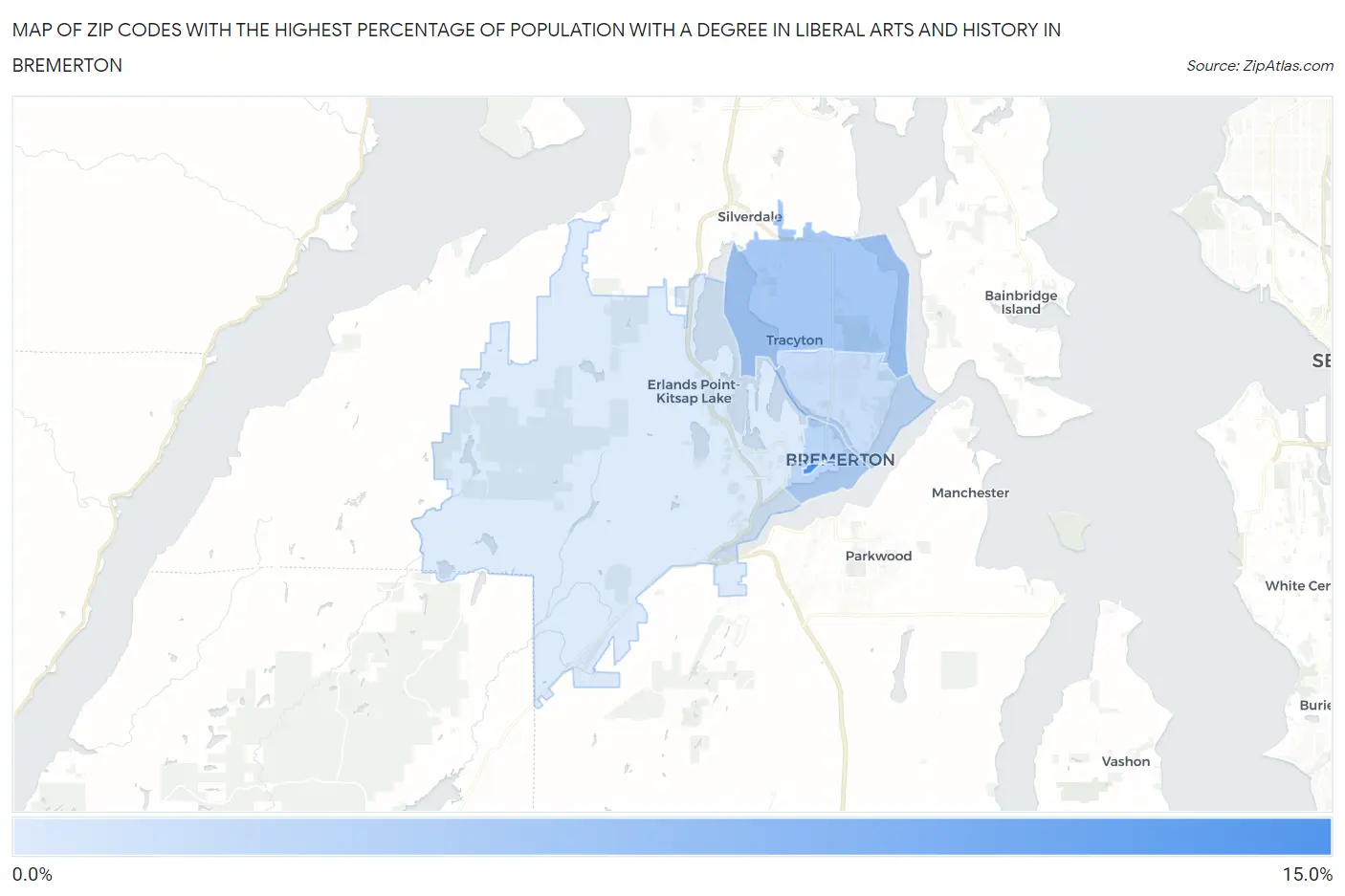 Zip Codes with the Highest Percentage of Population with a Degree in Liberal Arts and History in Bremerton Map