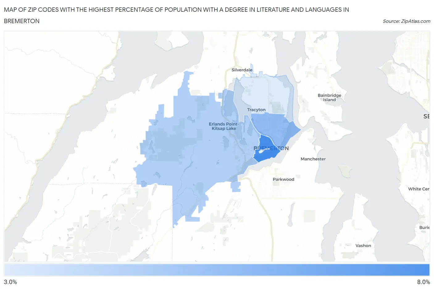 Zip Codes with the Highest Percentage of Population with a Degree in Literature and Languages in Bremerton Map