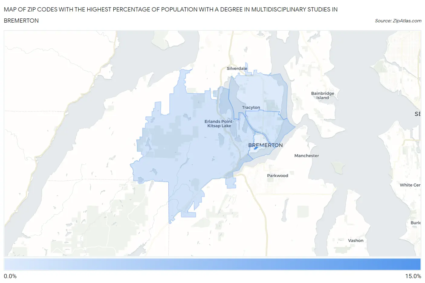 Zip Codes with the Highest Percentage of Population with a Degree in Multidisciplinary Studies in Bremerton Map