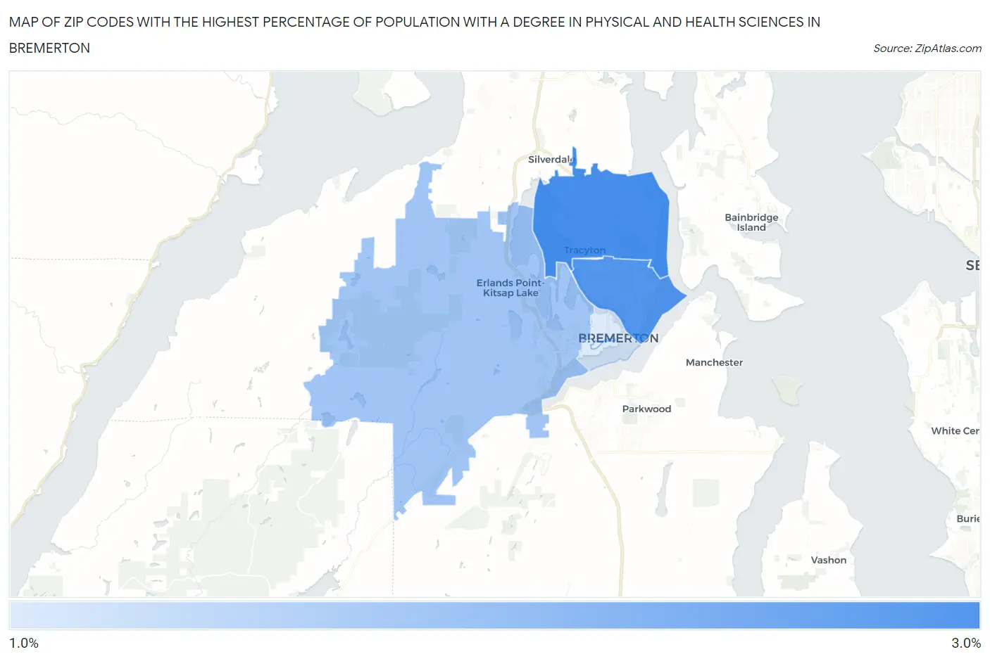 Zip Codes with the Highest Percentage of Population with a Degree in Physical and Health Sciences in Bremerton Map