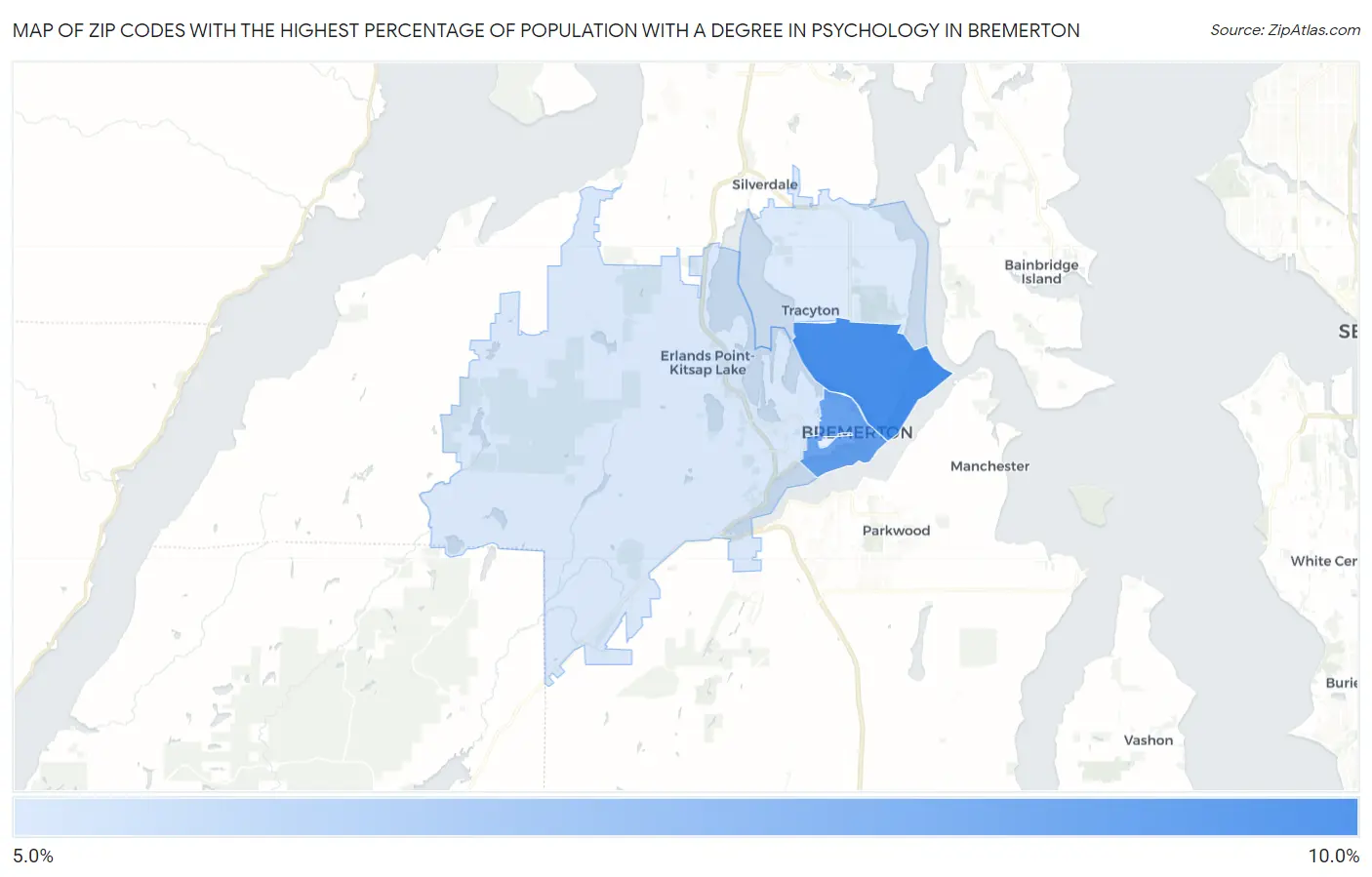 Zip Codes with the Highest Percentage of Population with a Degree in Psychology in Bremerton Map