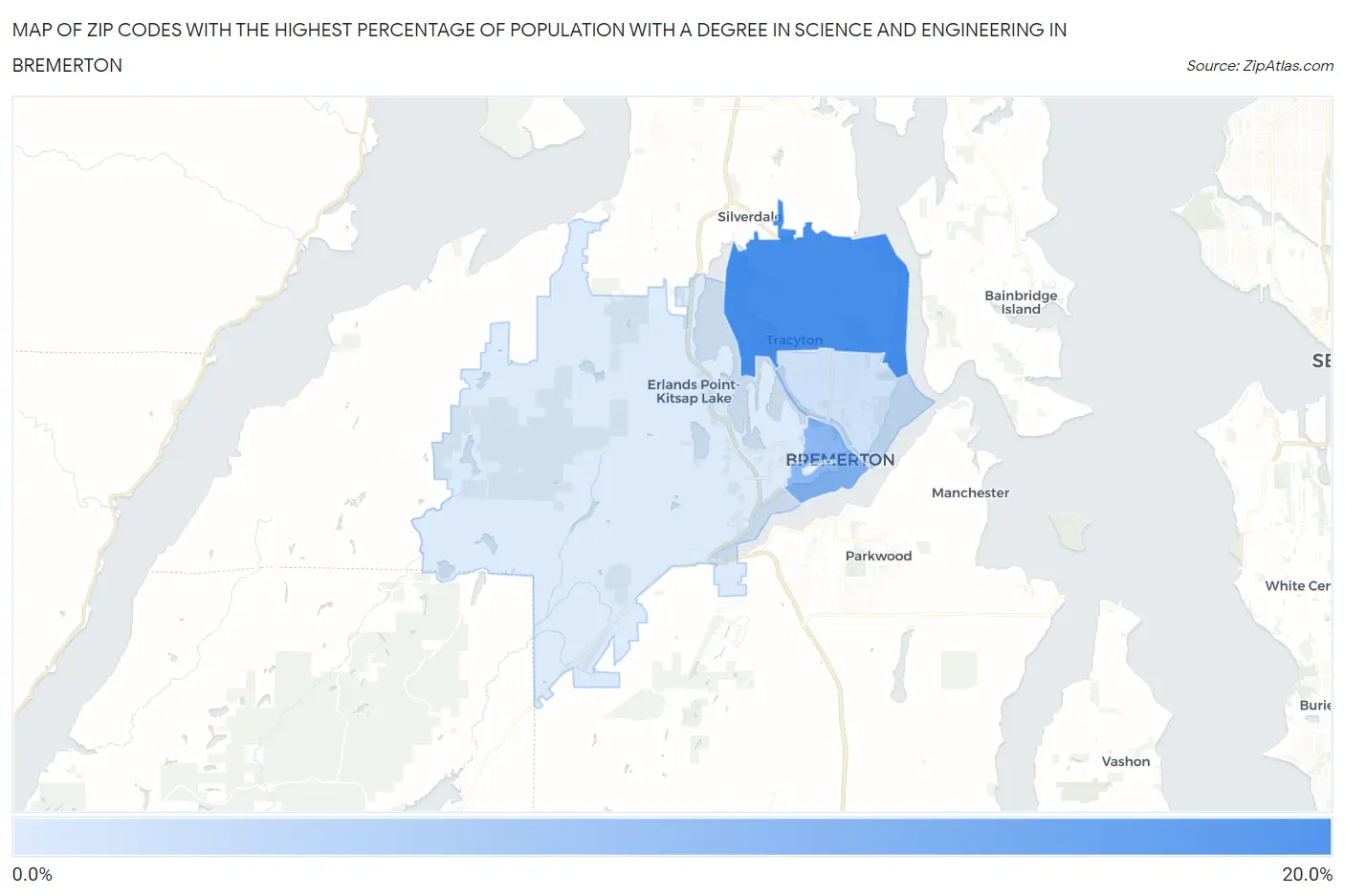 Zip Codes with the Highest Percentage of Population with a Degree in Science and Engineering in Bremerton Map