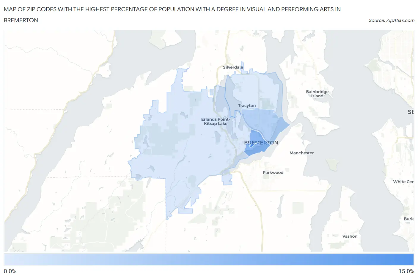 Zip Codes with the Highest Percentage of Population with a Degree in Visual and Performing Arts in Bremerton Map