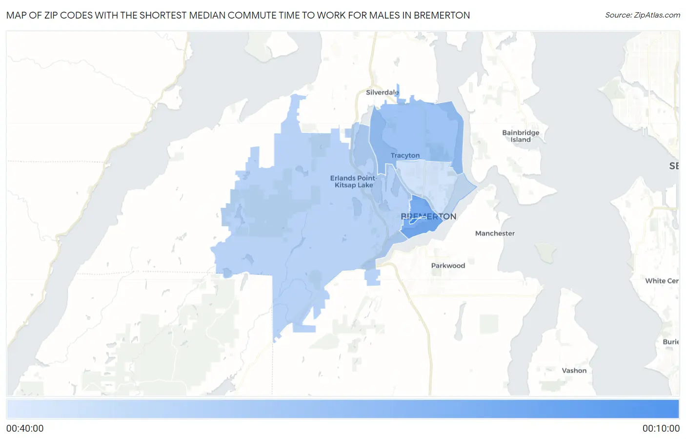 Zip Codes with the Shortest Median Commute Time to Work for Males in Bremerton Map