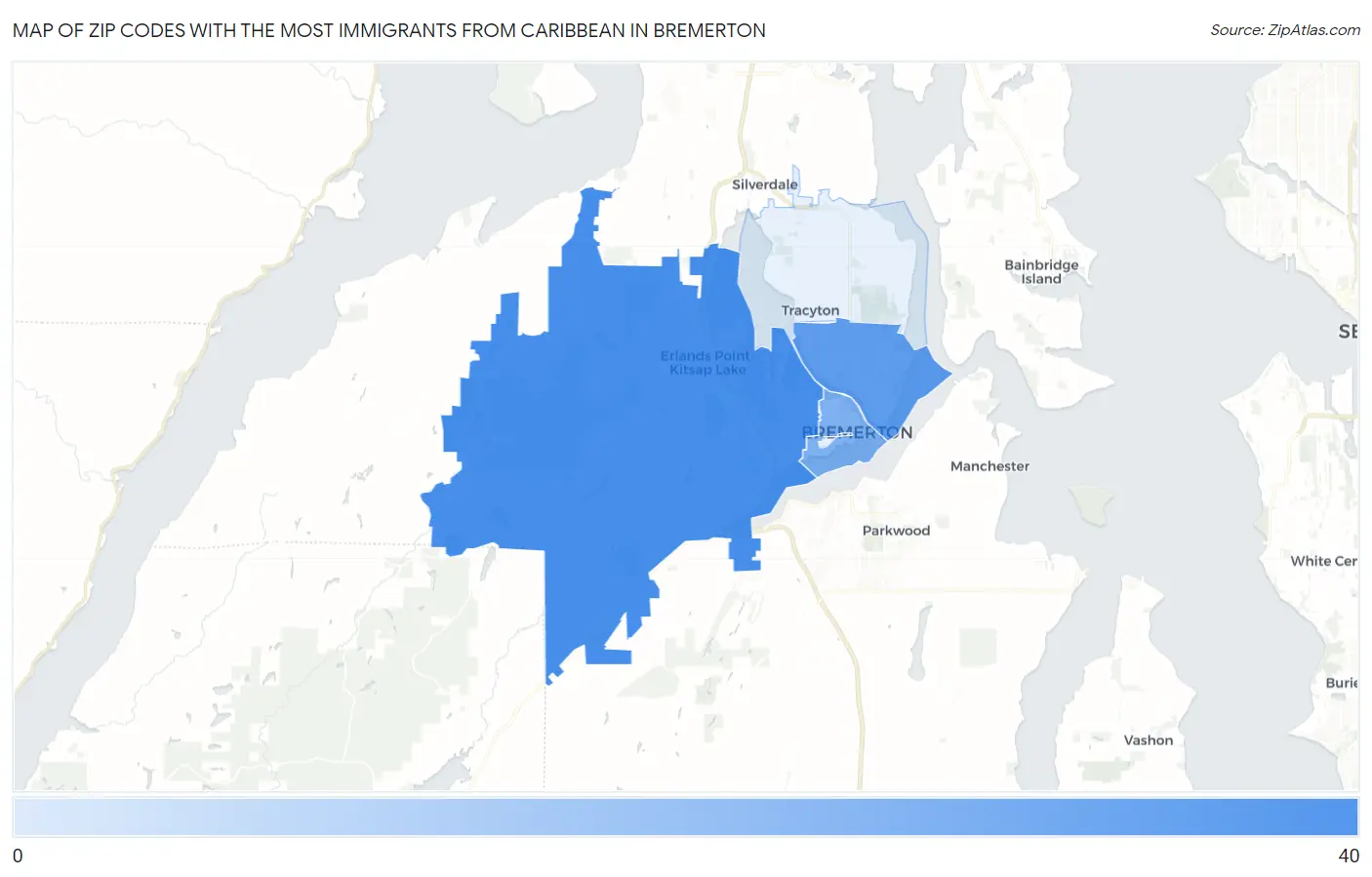 Zip Codes with the Most Immigrants from Caribbean in Bremerton Map
