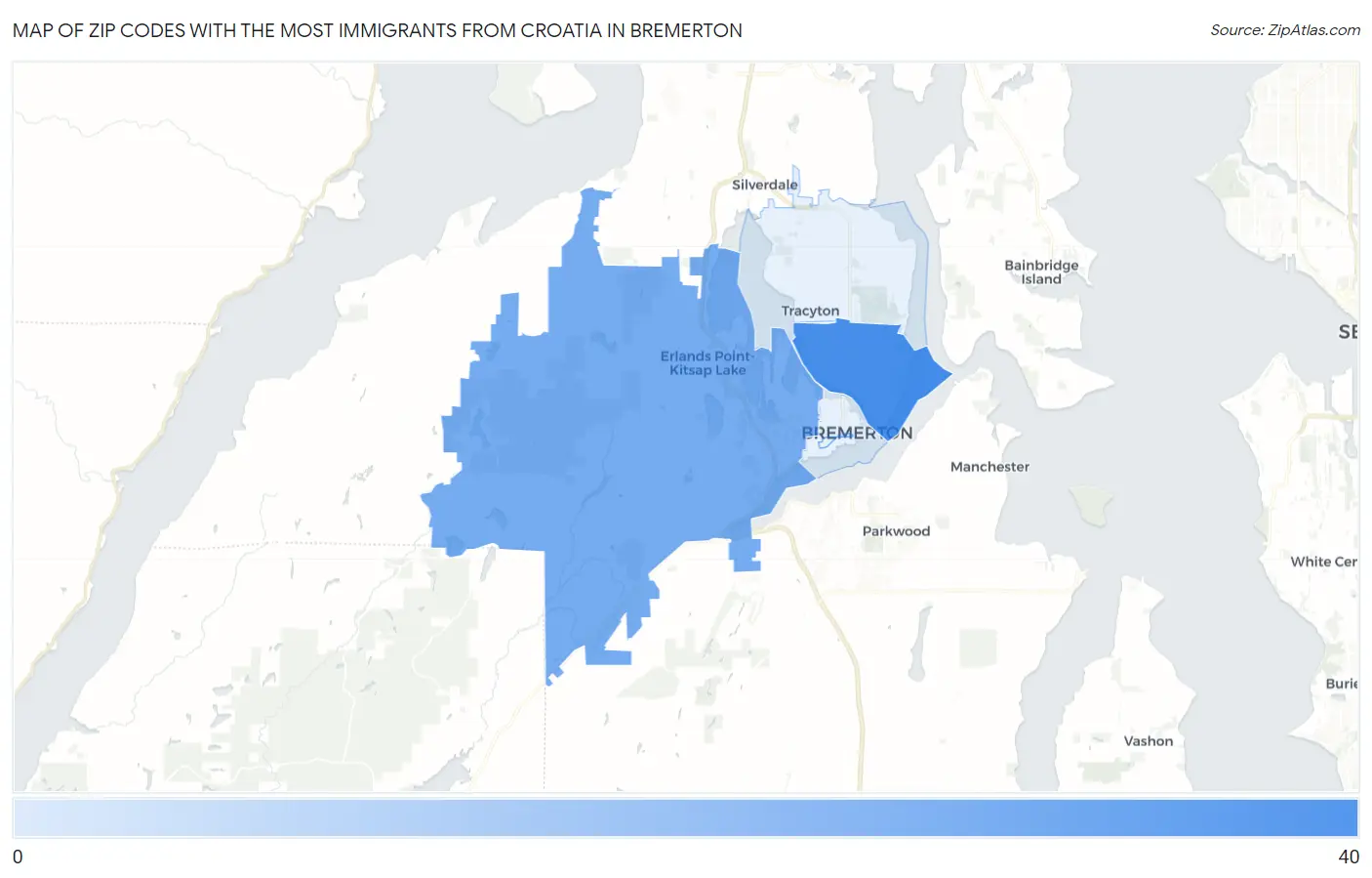 Zip Codes with the Most Immigrants from Croatia in Bremerton Map