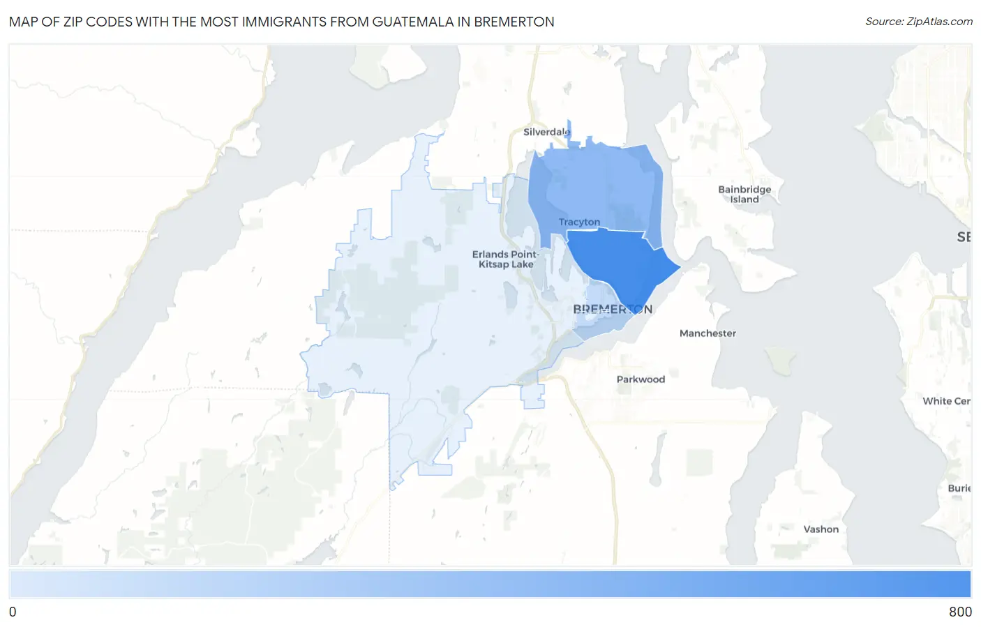 Zip Codes with the Most Immigrants from Guatemala in Bremerton Map