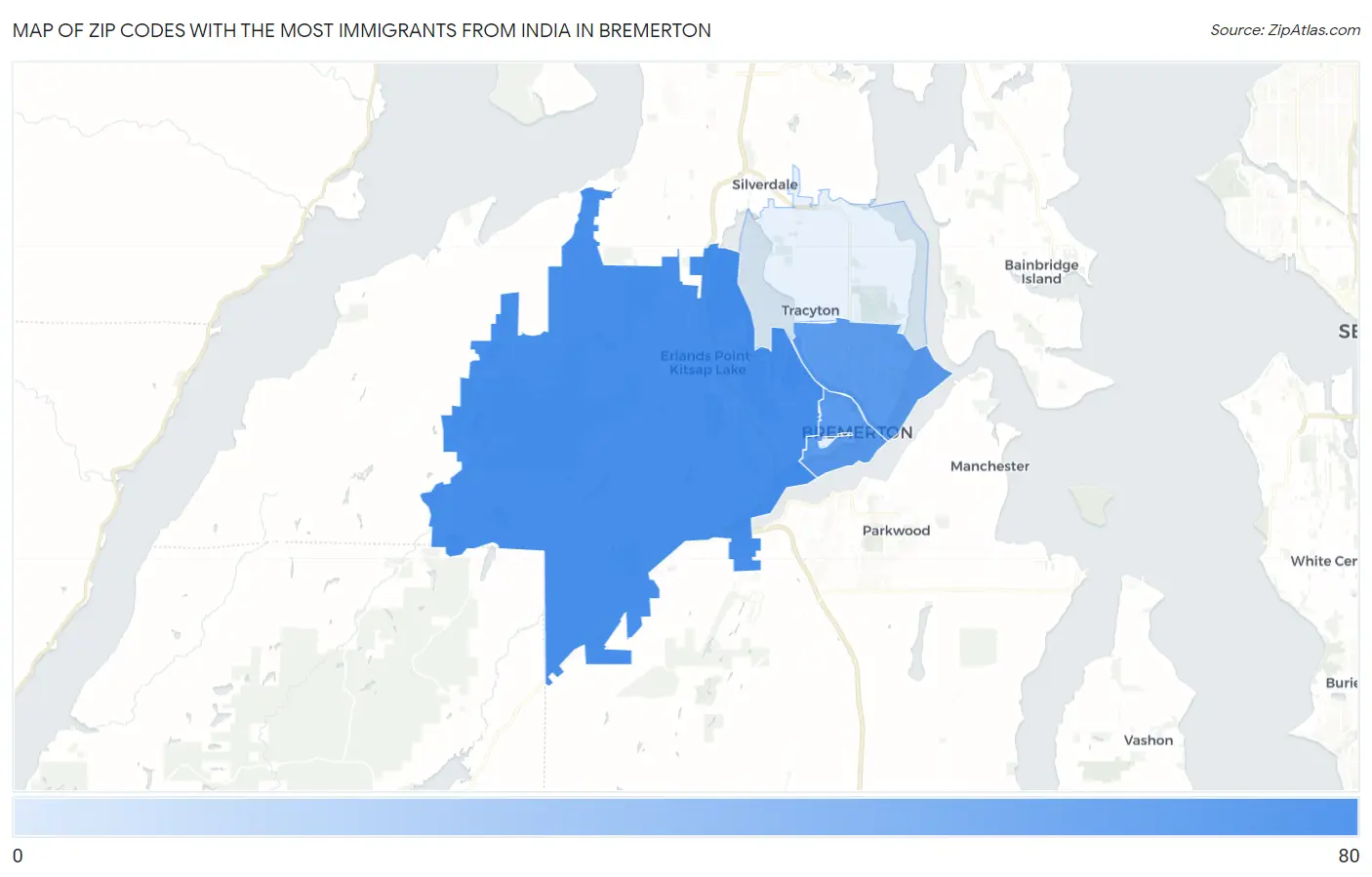 Zip Codes with the Most Immigrants from India in Bremerton Map