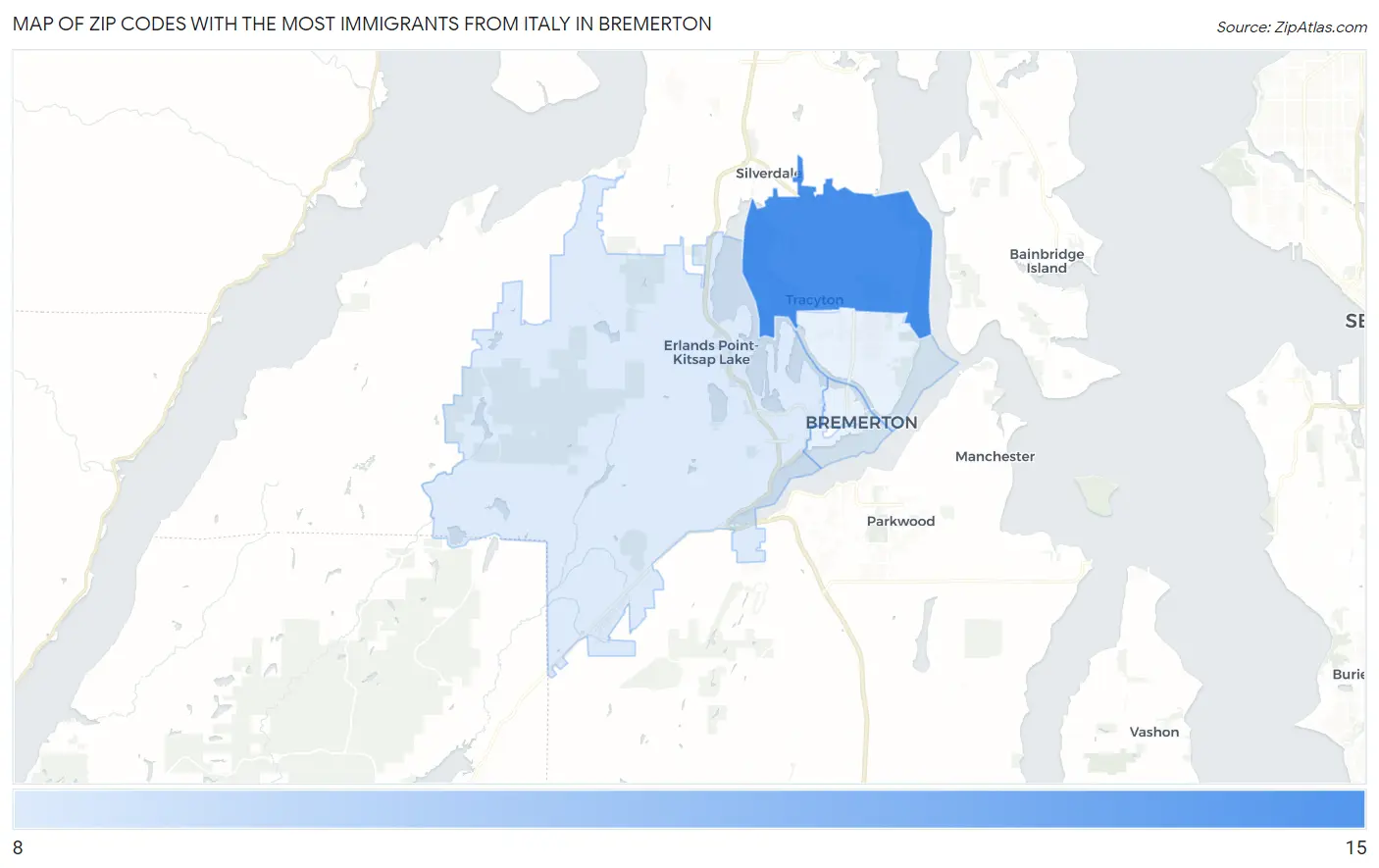 Zip Codes with the Most Immigrants from Italy in Bremerton Map
