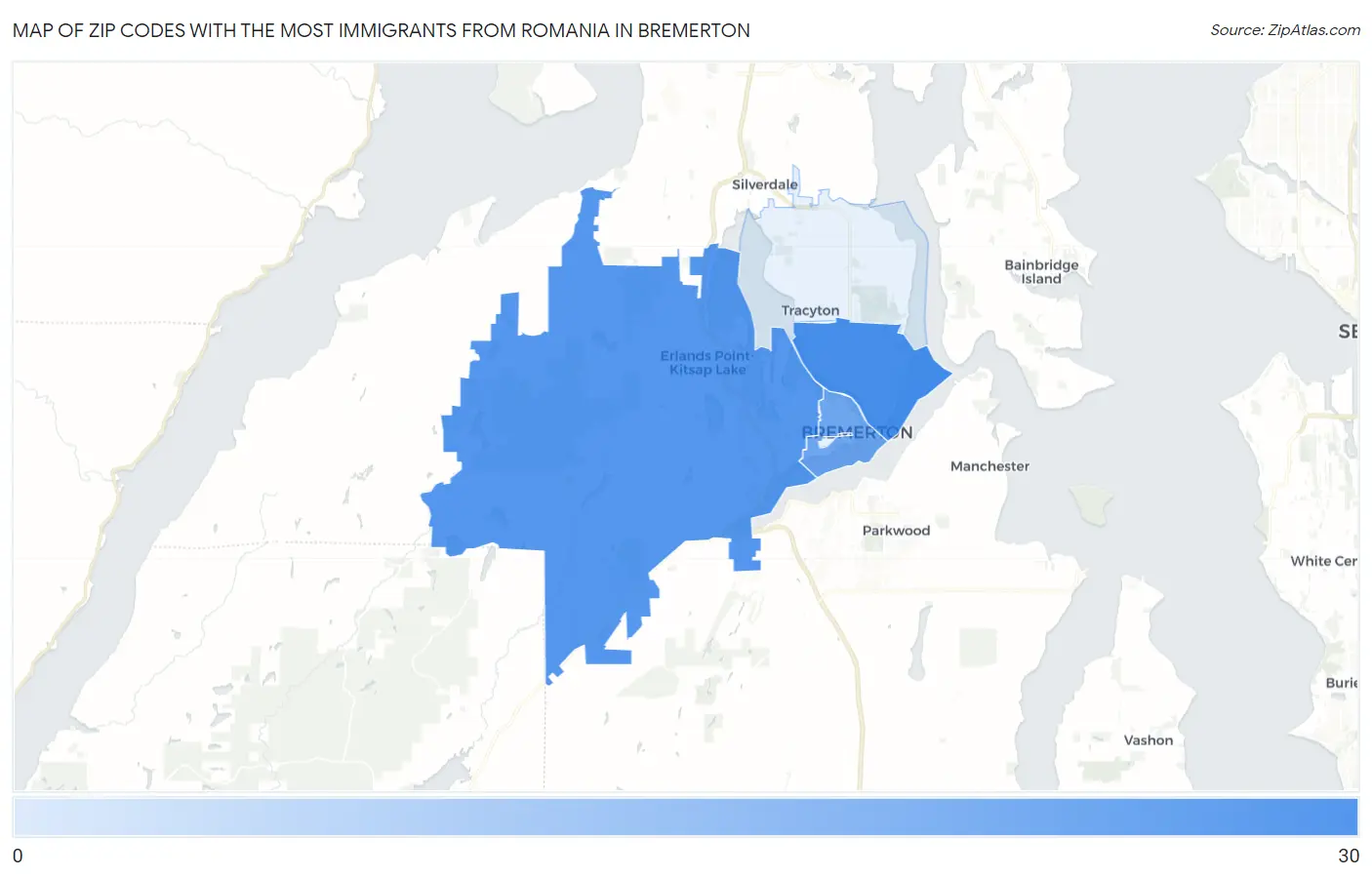 Zip Codes with the Most Immigrants from Romania in Bremerton Map