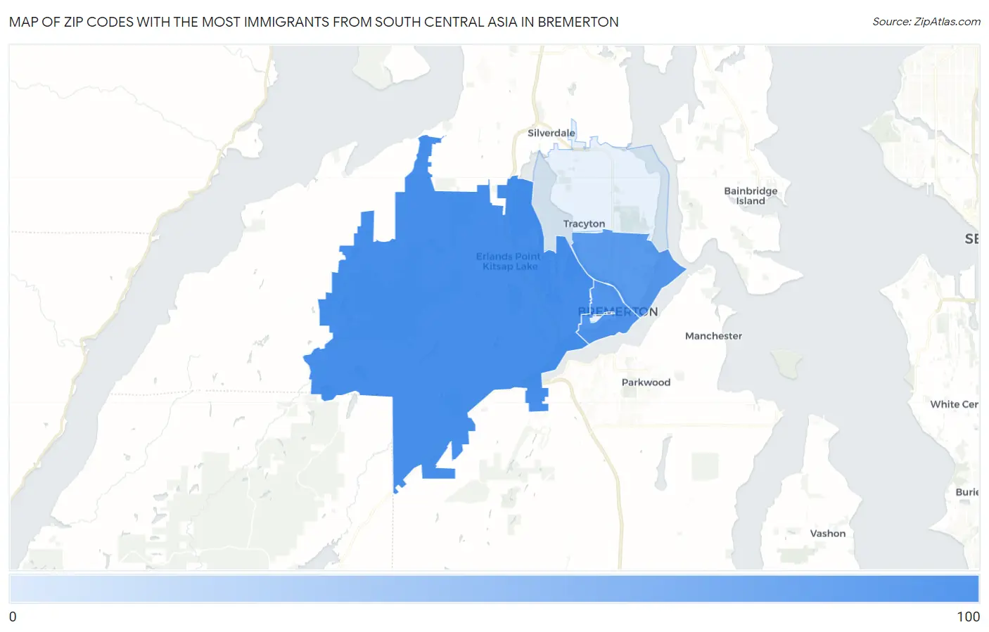 Zip Codes with the Most Immigrants from South Central Asia in Bremerton Map