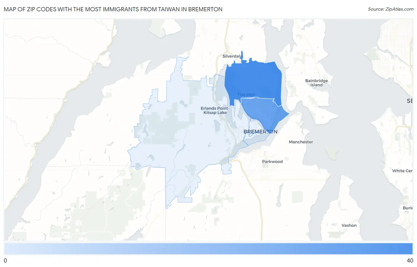 Zip Codes with the Most Immigrants from Taiwan in Bremerton Map
