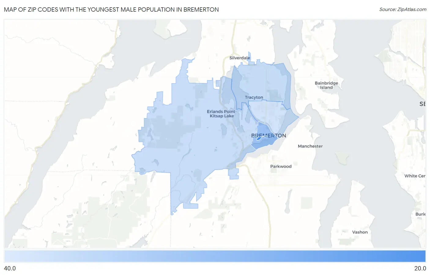 Zip Codes with the Youngest Male Population in Bremerton Map