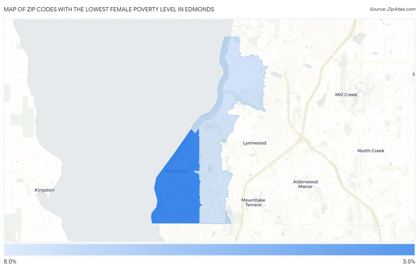 Zip Codes with the Lowest Female Poverty Level in Edmonds Map