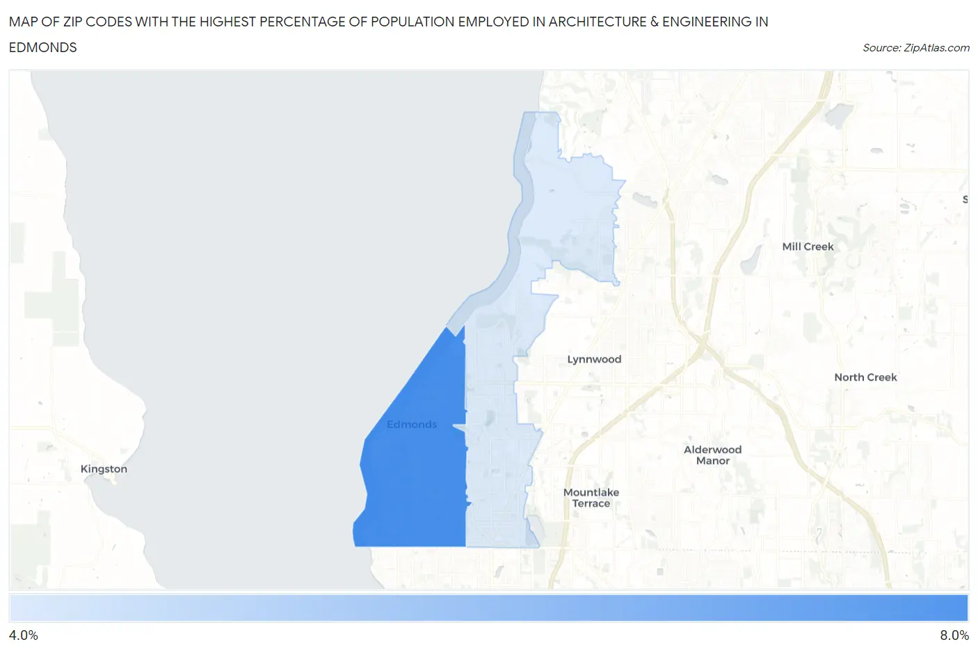 Zip Codes with the Highest Percentage of Population Employed in Architecture & Engineering in Edmonds Map