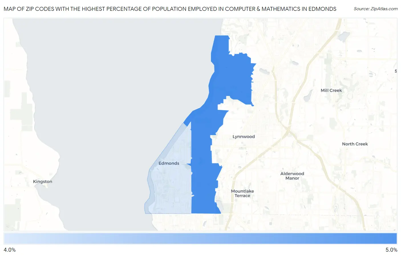 Zip Codes with the Highest Percentage of Population Employed in Computer & Mathematics in Edmonds Map