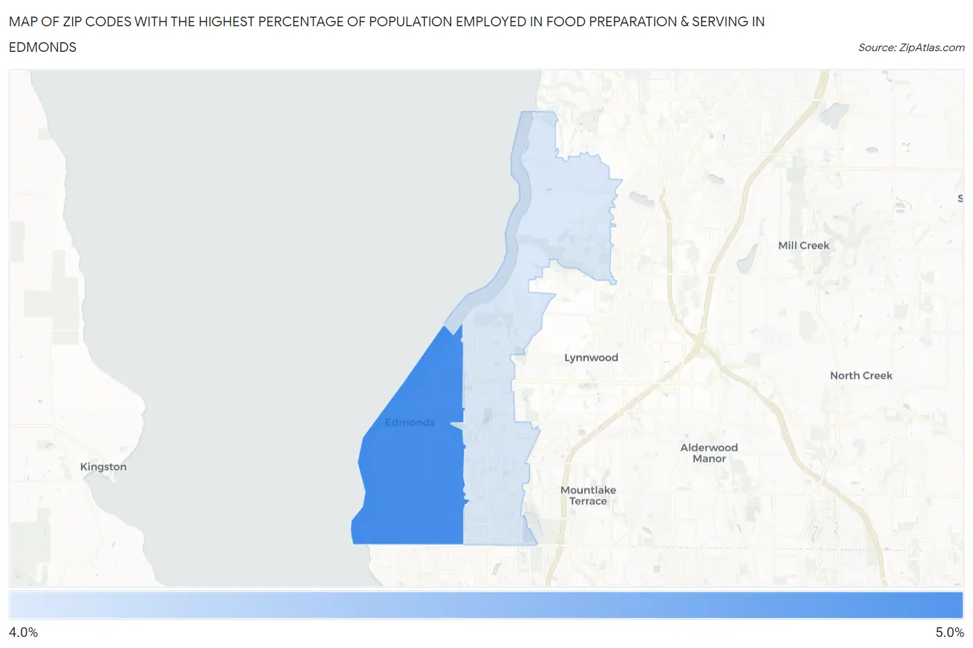 Zip Codes with the Highest Percentage of Population Employed in Food Preparation & Serving in Edmonds Map