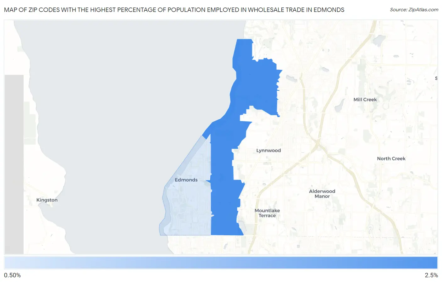 Zip Codes with the Highest Percentage of Population Employed in Wholesale Trade in Edmonds Map
