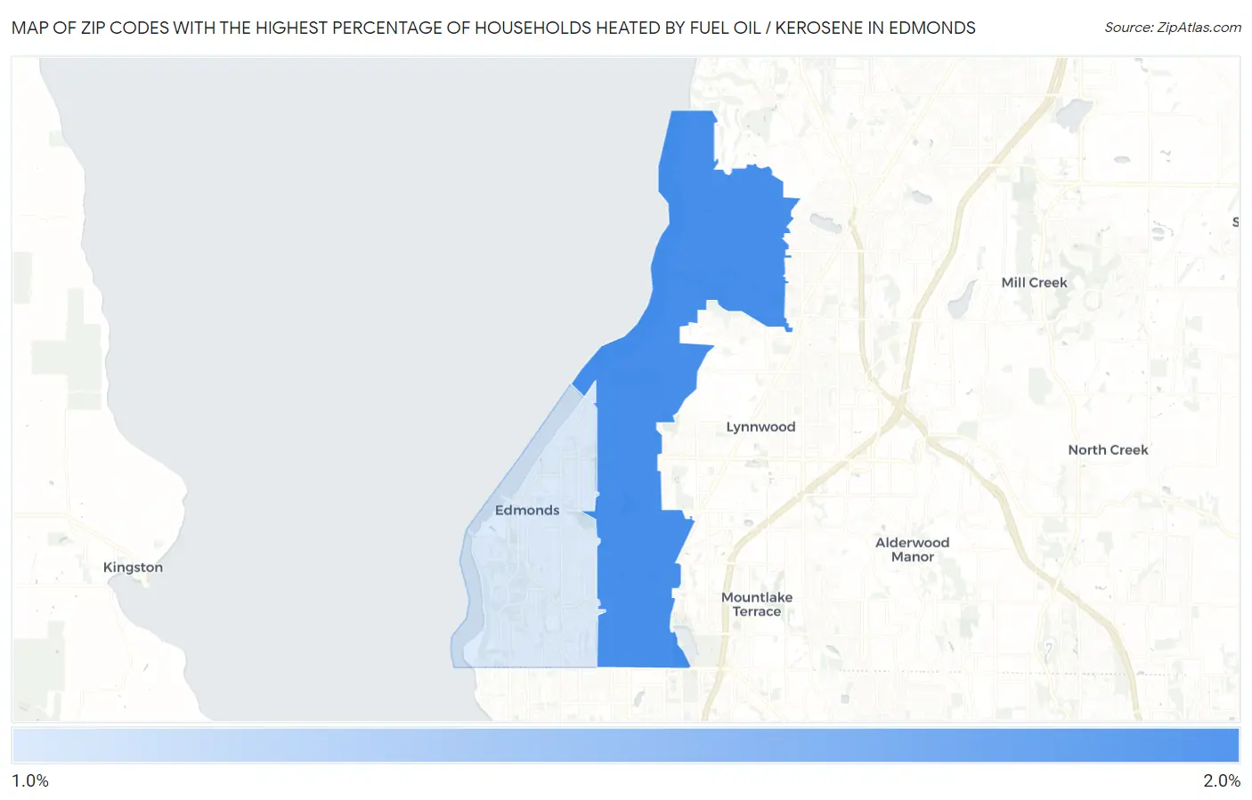 Zip Codes with the Highest Percentage of Households Heated by Fuel Oil / Kerosene in Edmonds Map