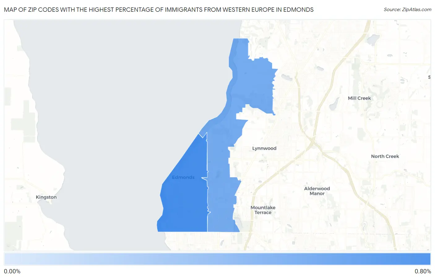 Zip Codes with the Highest Percentage of Immigrants from Western Europe in Edmonds Map
