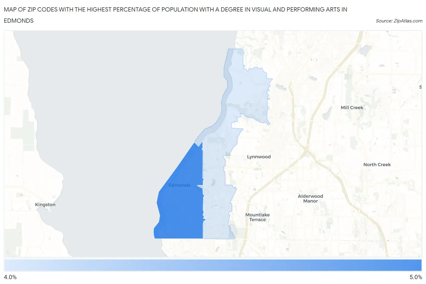 Zip Codes with the Highest Percentage of Population with a Degree in Visual and Performing Arts in Edmonds Map