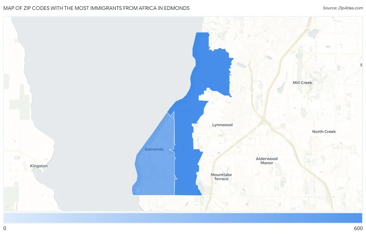 Zip Codes with the Most Immigrants from Africa in Edmonds Map