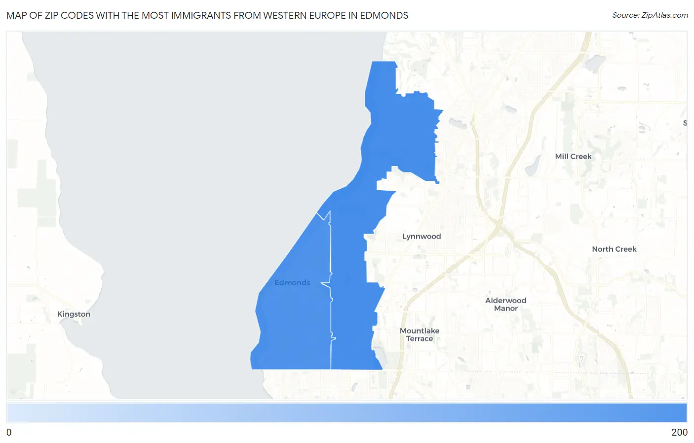 Zip Codes with the Most Immigrants from Western Europe in Edmonds Map