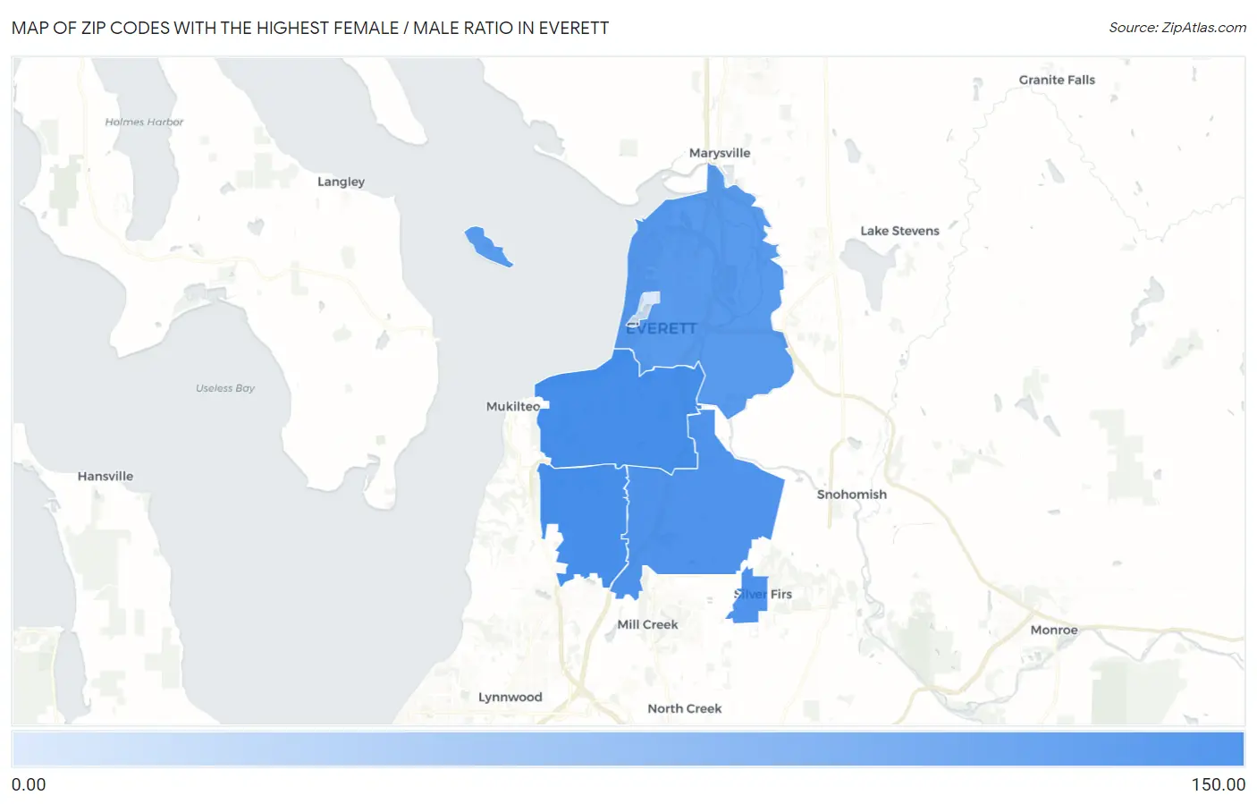 Zip Codes with the Highest Female / Male Ratio in Everett Map