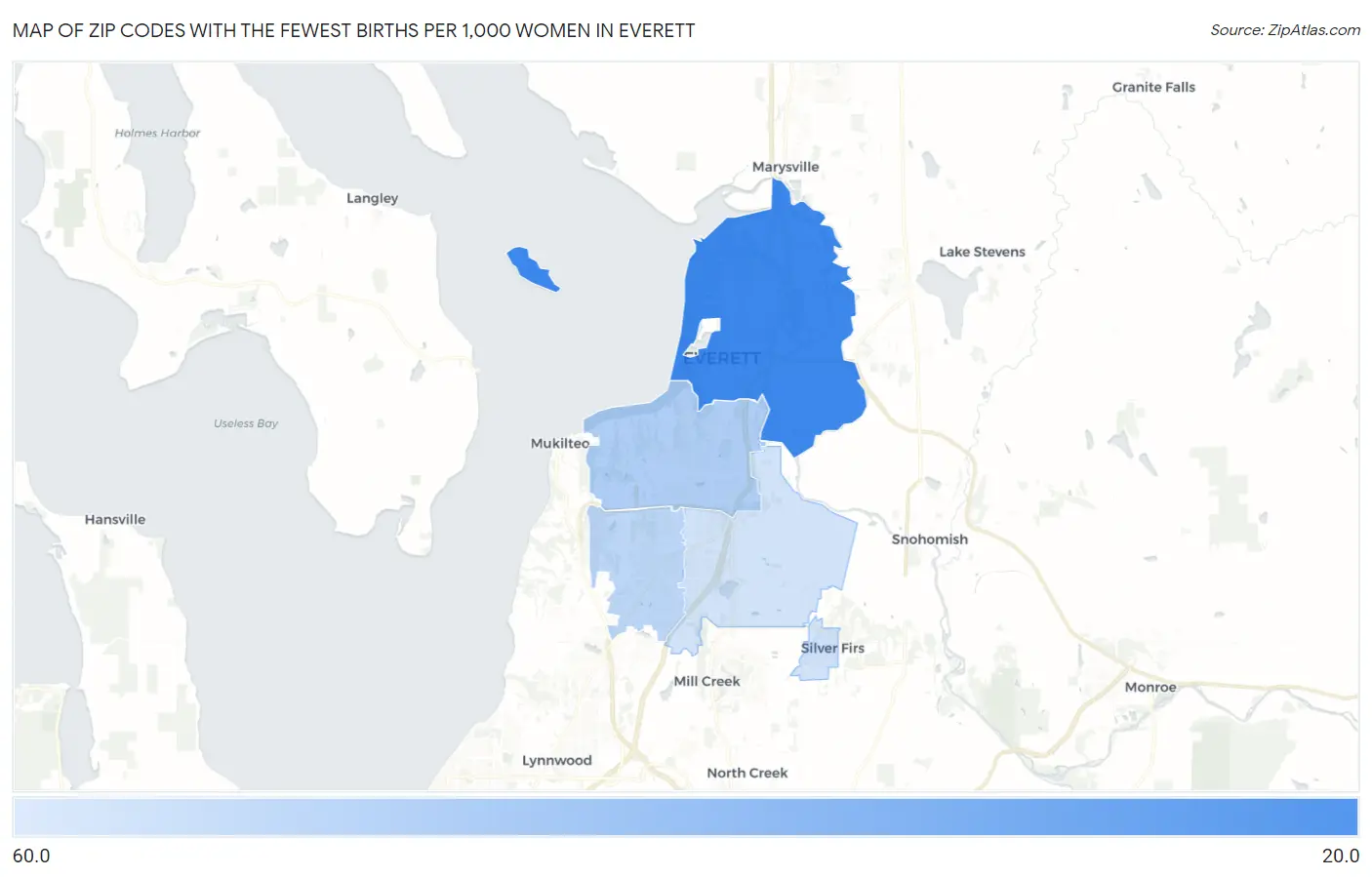 Zip Codes with the Fewest Births per 1,000 Women in Everett Map