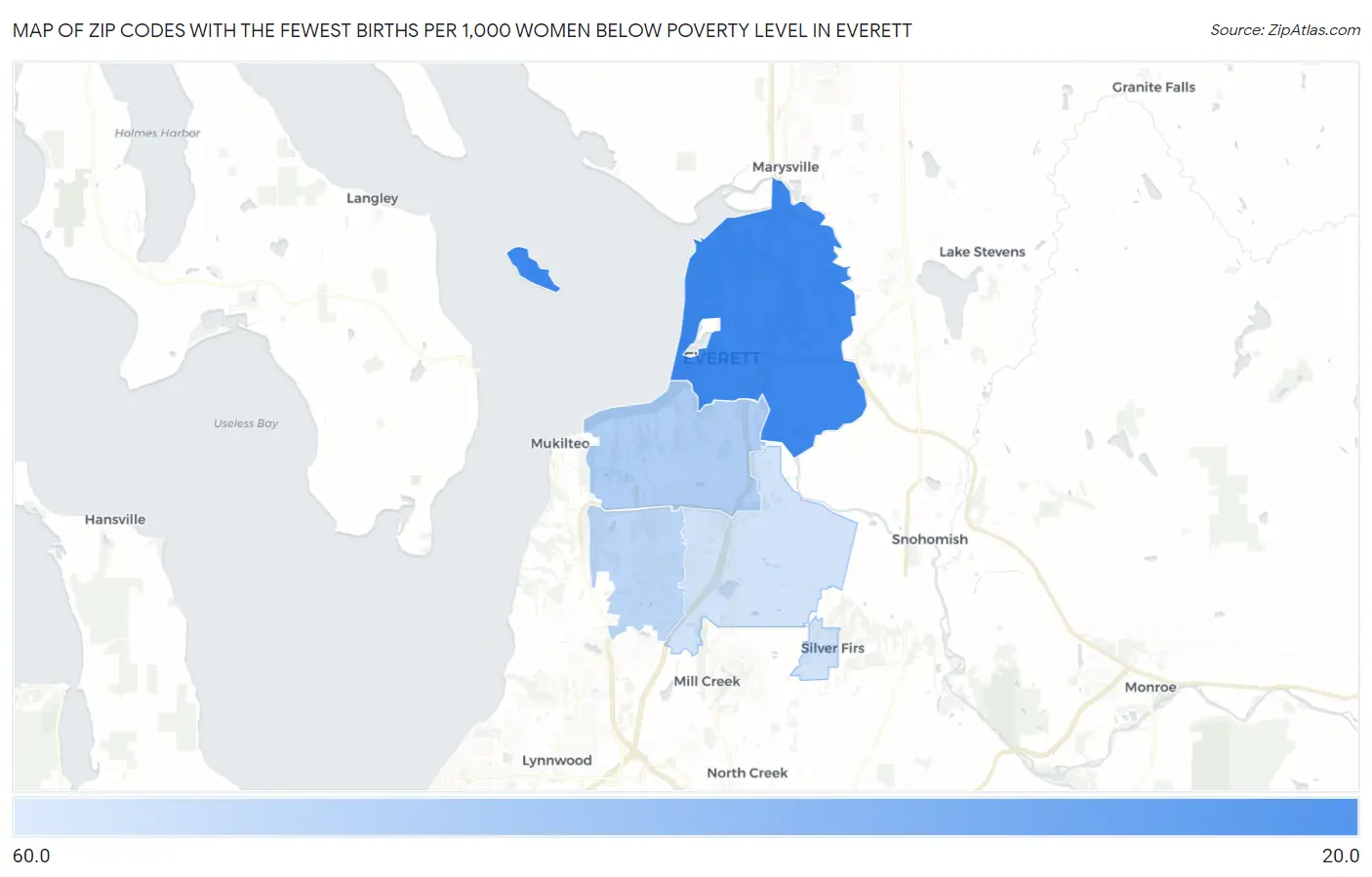 Zip Codes with the Fewest Births per 1,000 Women Below Poverty Level in Everett Map