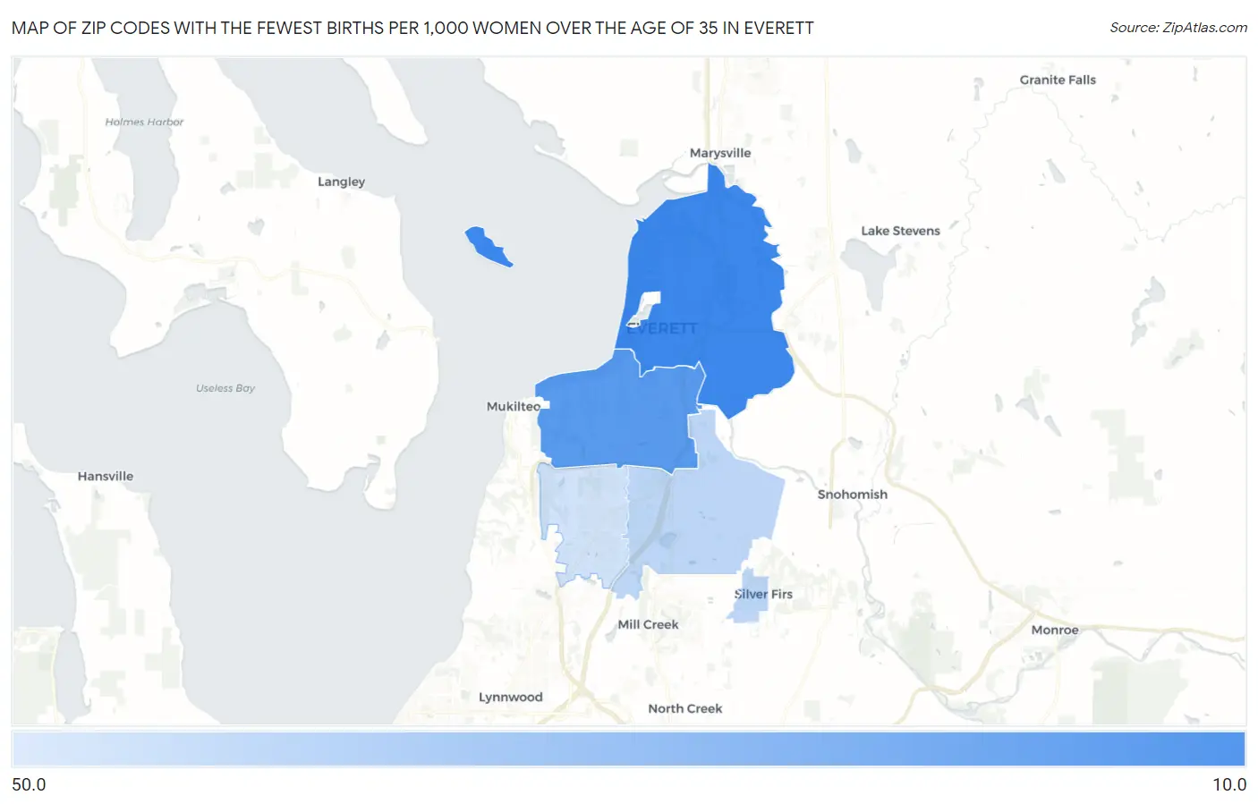 Zip Codes with the Fewest Births per 1,000 Women Over the Age of 35 in Everett Map