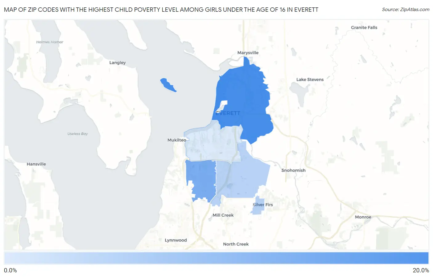 Zip Codes with the Highest Child Poverty Level Among Girls Under the Age of 16 in Everett Map