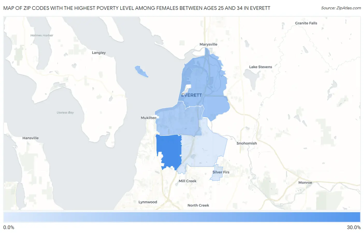 Zip Codes with the Highest Poverty Level Among Females Between Ages 25 and 34 in Everett Map