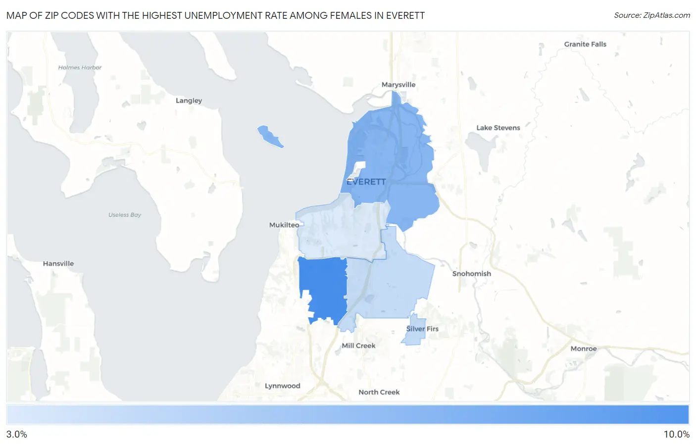 Zip Codes with the Highest Unemployment Rate Among Females in Everett Map