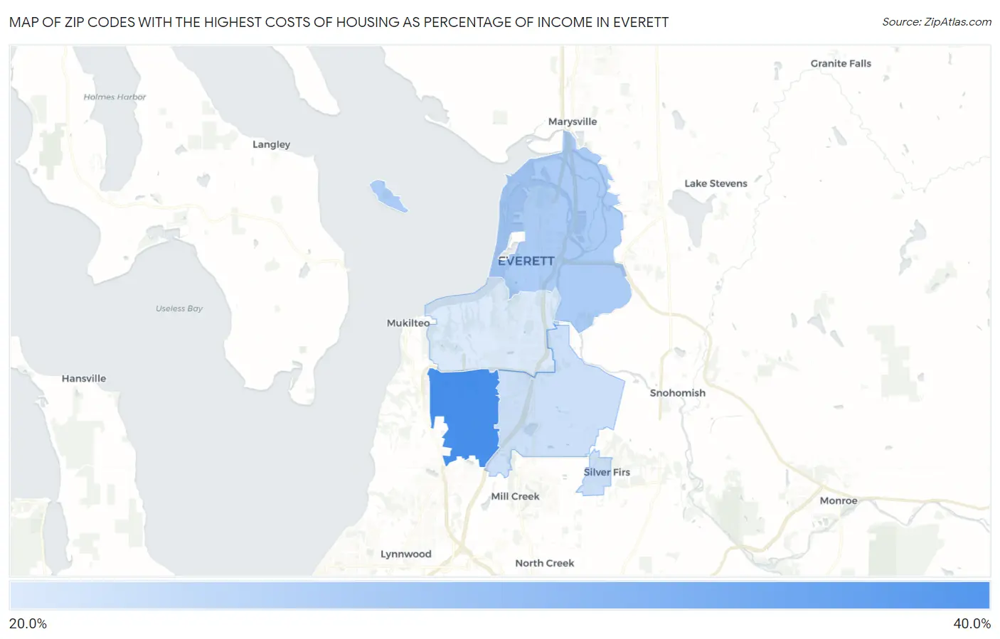 Zip Codes with the Highest Costs of Housing as Percentage of Income in Everett Map